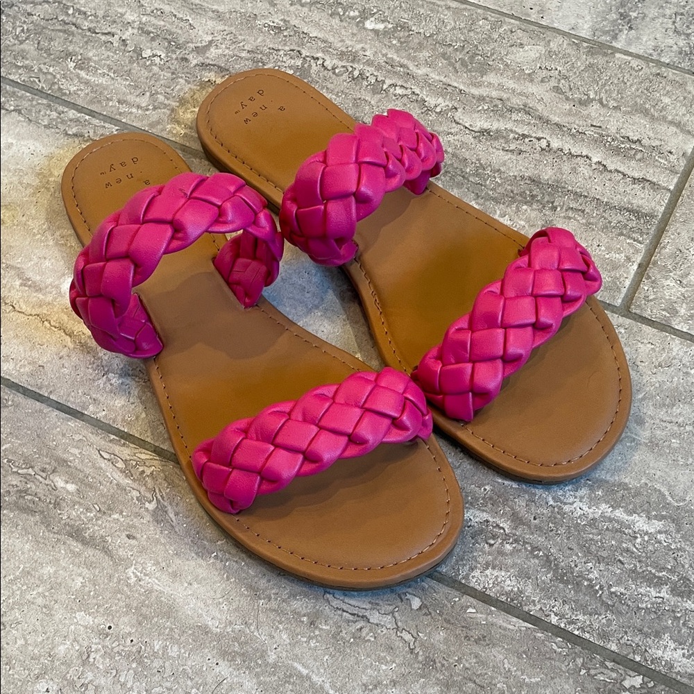 Fuchsia pink braided slide two strap sandals